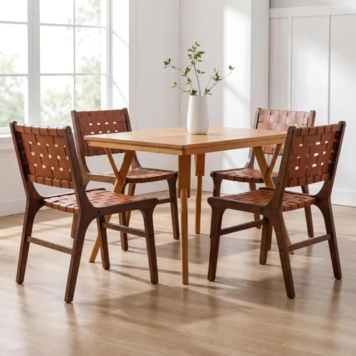 Miniatura 11 de Woven Leather Dining Chairs Set of 4, Mid Century Modern Solid Wood Dining Room Chairs with Handwoven Leather Strap Seat, Armless Kitchen Side