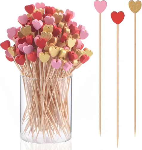 Miniatura 14 de JtmyAota Paquete de 100 palillos de dientes de frutas, palillos de bambú en forma de corazón, palillos de bambú natural para aperitivos, pastel