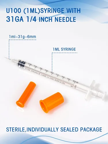 Miniatura 2 de Jeringa de 1 ml con tapa 31G de 1/4 pulgada 6 mm, paquete de 100, jeringas desechables de 1 cc 31 calibre en paquete individual