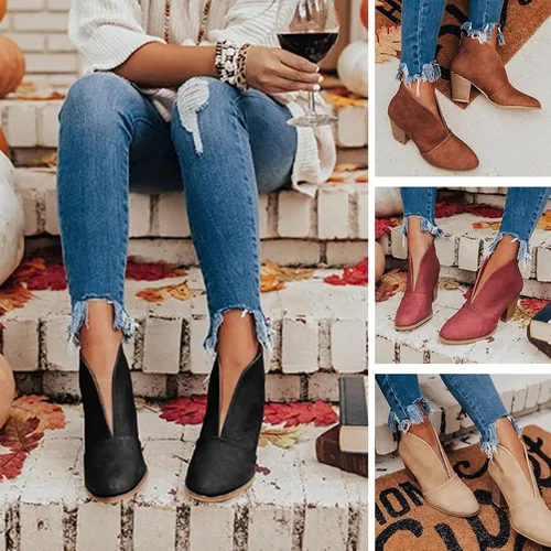 Miniatura 3 de Botas para mujer, botas de plataforma retro sin cordones con corte en V para mujer, botas de tobillo con punta puntiaguda, botas cortas casuales