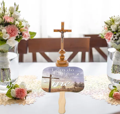 Miniatura 6 de Tradder 50 abanicos de papel grueso para iglesia cristiana, abanicos de mano religiosos con mango de madera, regalos religiosos, fanáticos de salón