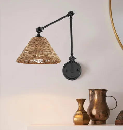 Miniatura 7 de WINGBO Lámpara de pared envuelta en ratán, lámpara de pared ajustable con brazo oscilante, lámpara vintage de mesita de noche, de mimbre, hecha a