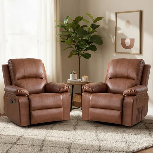 Miniatura 10 de Silla reclinable giratoria de cuero de 360° para adultos, sillón reclinable manual con cojín de resorte, sofá individual con bolsillos laterales