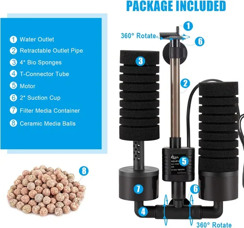 Miniatura 3 de AQQA Filtro de agua de esponja para acuario, filtro bioquímico doble accionado por potencia, filtro de espuma sumergible silencioso con 2 esponjas