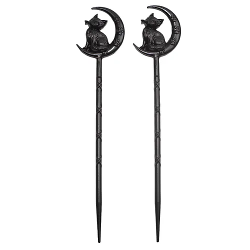 Miniatura 2 de 2 piezas de horquillas retro de Halloween para mujer, negras, góticas, de bruja, con luna y gato, para peinado (CAL1)