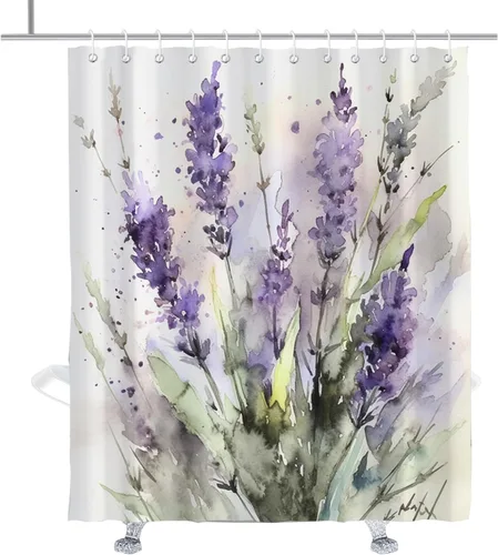 TheBlackSpot Juego de cortinas de ducha con diseño floral de lavanda y acuarela, lila, plantas de campo, cortinas de baño, juegos de decoración de