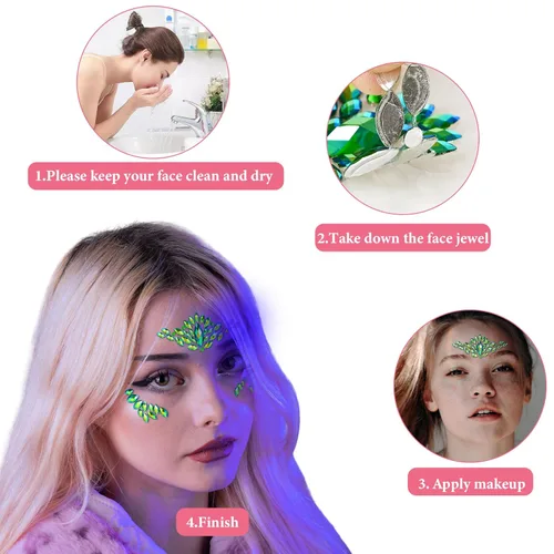 Miniatura 4 de 12 juegos de joyas para la cara, diamantes de imitación de sirena para tatuajes temporales, joyas corporales, calcomanías de cristal, gemas faciales
