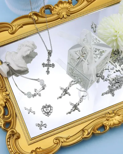Miniatura 5 de 60 piezas de dijes de cruz de plata antigua, conector de crucifijo de aleación para collares, pulseras, aretes, elaboración de joyas (15 estilos)