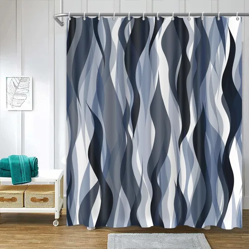 Miniatura 9 de Cortina de ducha moderna de rayas abstractas negras, blancas y grises, cortina de ducha para decoración de baño geométrica, impermeable, decorativa