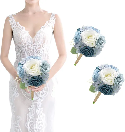 Miniatura 22 de Ramos de dama de honor para boda, juego de 6 ramos de flores artificiales para decoración de otoño, boda, propuesta de matrimonio, fiesta, Naranja