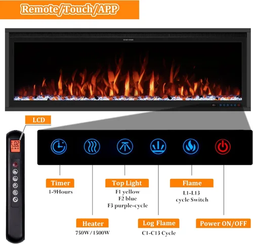 Miniatura 4 de Calentador eléctrico inteligente de 60 pulgadas de ancho, chimenea de imitación empotrada y montada en la pared con control remoto y aplicación, 13