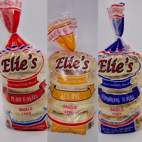 Caja mixta de Elie's Bagels 6 paquetes por caja, 4 bagels por paquete, 8 lisos, 8 Everything y 8 sésamo, 24 bagels en total.