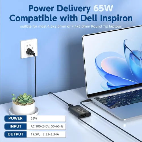 Miniatura 2 de Cargador para laptop de 65 W compatible con el cargador de laptop Dell Inspiron 11/13/14/15/17 3000 5000 7000 Series, cable de alimentación
