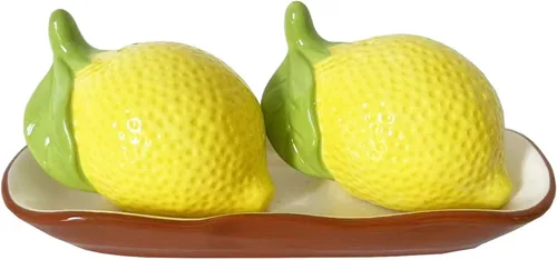 First of a Kind Salero y pimentero de cerámica – Juego de salero y pimentero en forma de limón de 7 pulgadas con bandeja, salero de limón de gres