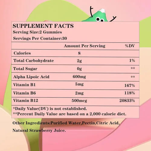 Miniatura 6 de Lofei Gomitas de ácido alfa lipoico de 600 mg con vitamina B1, B6 y B12, sin azúcar, suplemento ALA para energía* y vi*talidad, alta absorción, sin