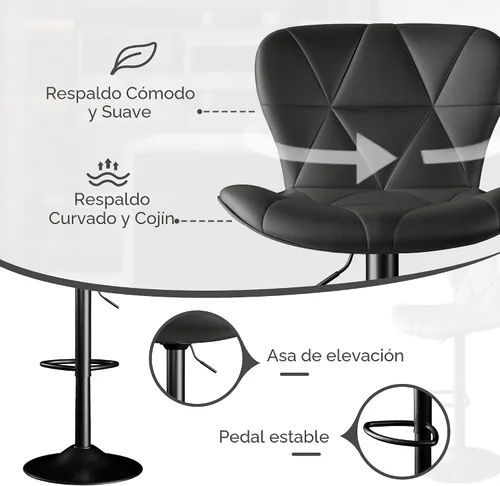 Miniatura 4 de Juego de 2 taburetes de bar, taburetes de bar giratorios ajustables, sillas de bar de piel sintética, altura de encimera tapizada con respaldo alto