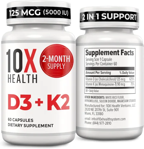 10X Health Vitamina D3 5000 UI y K2 MK7 - Menaquinona 7, suplemento de vitamina D3 K2 de alta potencia para la salud ósea, corazón y dientes, 125