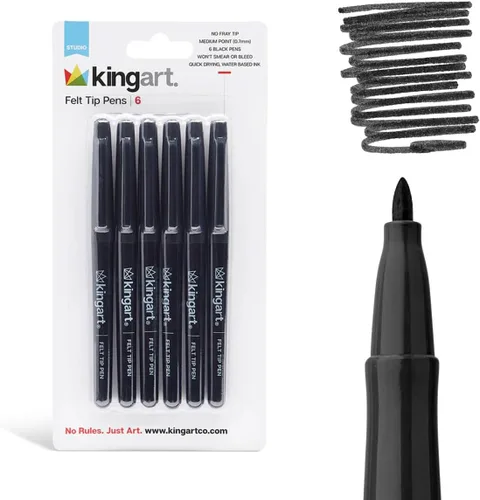 KINGART Studio - Bolígrafos de punta de fieltro, 6 marcadores de tinta negra, punta media de 0.028 in, a base de agua, resistentes a las manchas