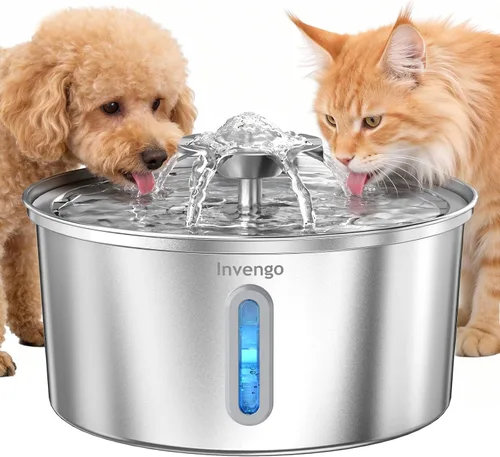 Invengo Fuente de agua para gatos de acero inoxidable de 3.2L/108 onzas, fuente automática para mascotas para gatos y perros, bomba ultra silenciosa