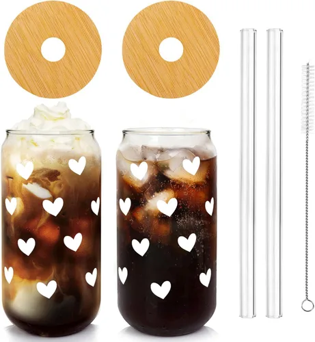 Miniatura 14 de Mason Life Vasos de Café Helado, Tazas de San Valentín Regalos para Ella Mujeres 18 OZ Taza de Corazones Vaso de Cerveza, Vasos para Beber en Pareja