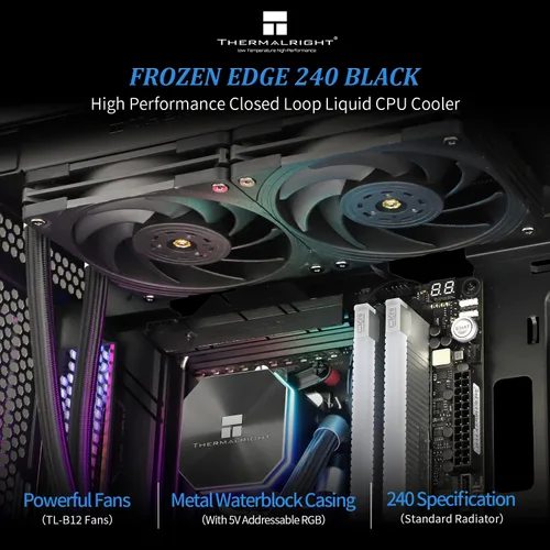 Miniatura 2 de Thermalright Frozen Edge 240 Enfriador de agua AIO negro, enfriador líquido de CPU, 2 ventiladores PWM de 4.724 in, ventilador de alta velocidad