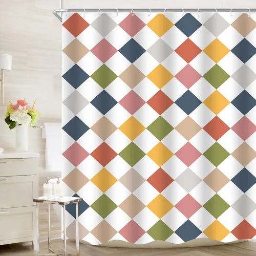 Miniatura 25 de Cortina de ducha a cuadros en blanco y negro, bonita cortina de ducha retro de tablero de ajedrez para decoración de baño, 72 x 72 pulgadas, cortina