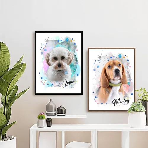 Miniatura 6 de Pintura de acuarela personalizada con retrato de perro y gato, impresiones en lienzo enmarcadas con tus fotos, arte de pared para decoración