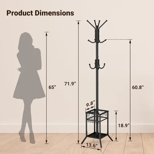 Miniatura 3 de ELYKEN Perchero Independiente, Perchero de Metal con Soporte para Paraguas, Árbol de Abrigos Moderno con 12 Ganchos, Perchero de Pie de Esquina