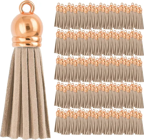 Miniatura 123 de Mandala Crafts 100 borlas de gamuza sintética color aguamarina con tapa dorada, suministros para hacer llaveros a granel, pequeñas borlas de cuero