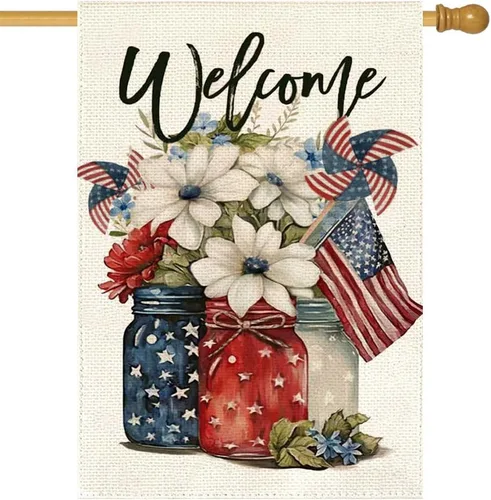 RABUSOFA Bandera patriótica para casa del 4 de julio, 28 x 40 pulgadas, doble cara para exterior, frasco de masón americano de bienvenida, flores,