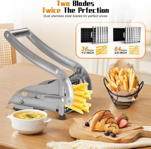 Miniatura 3 de Cortador de papas de acero inoxidable apto para lavavajillas con cuchillas de 1/2 y 3/8 pulgadas, base de succión antideslizante, cortador manual
