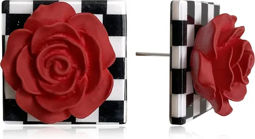 Aretes de tuerca hechos a mano, elegantes, bonitos, de acrílico, con diseño de rosa, minimalista, vintage, color negro y blanco, de resina,