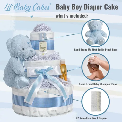 Miniatura 2 de Lil' Baby Cakes Pastel de Pañales Azul para Niño - Hace un Hermoso Regalo para Bebé Niño - Adorable y Práctico - Hecho a Mano con 42 Pañales