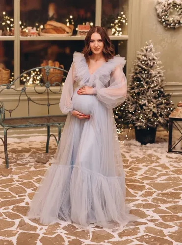 Miniatura 6 de Vestido de maternidad con volantes de tul para sesión de fotos, manga larga, cuello en V, baby shower, lencería de embarazo