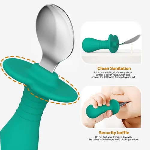 Miniatura 5 de 2 cucharas para bebé, cucharas para niños pequeños para autoalimentarse, cucharas para niños con mango redondo de silicona, utensilios de acero
