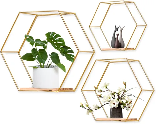 Miniatura 10 de Estantes flotantes hexagonales montados en la pared, juego de 3 en diferentes tamaños, estante de pared de metal moderno, estantes de almacenamiento