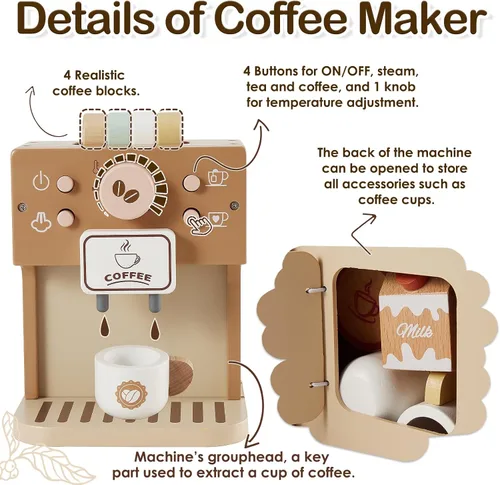Miniatura 3 de BUYGER Juego de vajilla de cocina con juguete para cafetera, plástico y madera, accesorios de cocina, juguetes educativos de aprendizaje, regalos