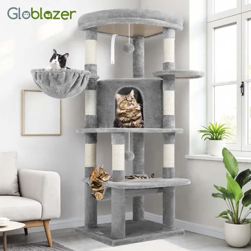 Miniatura 8 de Globlazer Torre esquinera para gatos de interior, torre de condominio de 51 pulgadas para gatos de varios niveles con hamaca grande, 7 postes claro