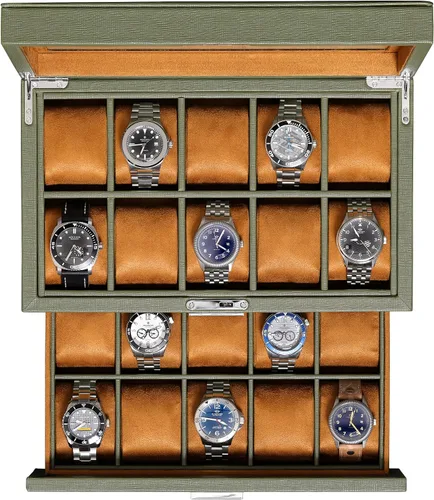ROTHWELL Caja de relojes de cuero de 20 ranuras - Estuche de exhibición organizador de joyas de lujo, - Estuche de exhibición con cerradura con tapa