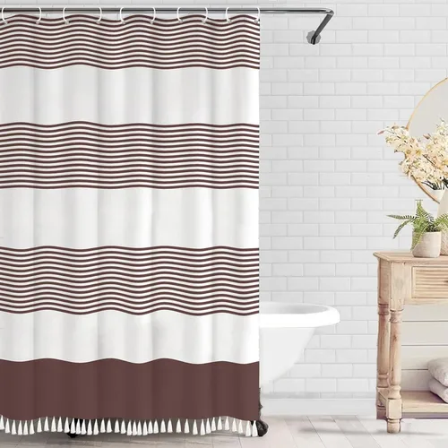 Miniatura 9 de bufftieo Cortina de regadera gris y blanca para baño con borlas estilo rústico moderno, cortinas de tela a rayas boho, juego de cortinas de regadera