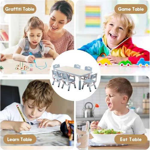 Miniatura 6 de Juego de mesa y sillas para niños, escritorio ajustable en altura con 6 asientos para edades de 3 a 12 años, mesa de arte y manualidades, escritorio