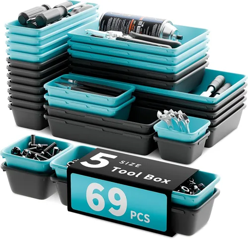Miniatura 9 de Organizador de cajones de herramientas de 5 tamaños - Bandeja de 69 piezas, organizador de cajones de escritorio y baúl de herramientas rodante Negro