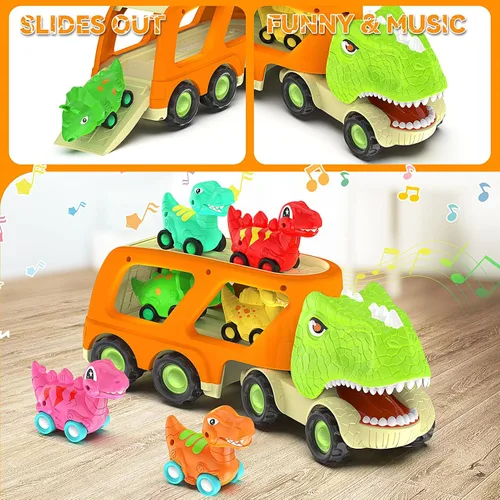Miniatura 2 de Veslier Juguetes de Dinosaurio para Niños de 2-4 y 3-5 años con 6 Vehículos de Coche de Dinosaurio, Camión Transportador de Dino con Música y Sonido