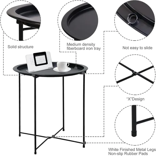 Miniatura 6 de Garden 4 you - Mesa auxiliar de metal negra redonda plegable con bandeja cian, mesa auxiliar redonda, para poner al lado del sofá, mesa
