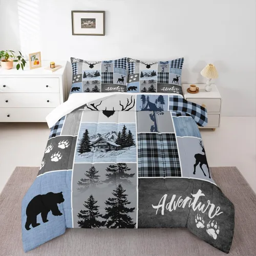 Miniatura 5 de Manfei Juego de edredón de astas de ciervo tamaño Twin, juego de ropa de cama rústica de granja navideña con huellas de oso para decoración