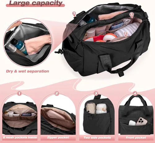 Miniatura 2 de Pequeña bolsa de gimnasio para mujer, bolsa de viaje con compartimento impermeable, bolsa de transporte para el fin de semana para deportes