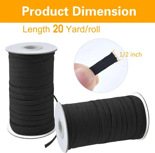 Miniatura 2 de Coopay Bandas elásticas planas de 40 yardas de largo, 1/2 pulgada de ancho, cuerda elástica plana para coser proyectos de bricolaje, artes y Negro