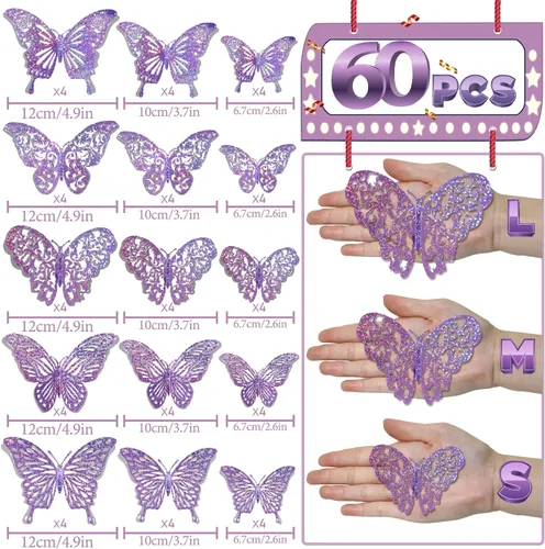 Miniatura 5 de 60 calcomanías 3D de lentejuelas moradas para decoración de pared, 5 estilos y 3 tamaños, decoración de mariposa holográfica para dormitorio