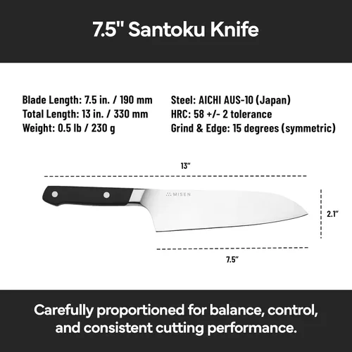 Miniatura 7 de Misen Cuchillo de chef japonés Santoku, acero inoxidable de alto carbono de 7.5 pulgadas, diseño clásico de cuchillo japonés para cortar, rebanar