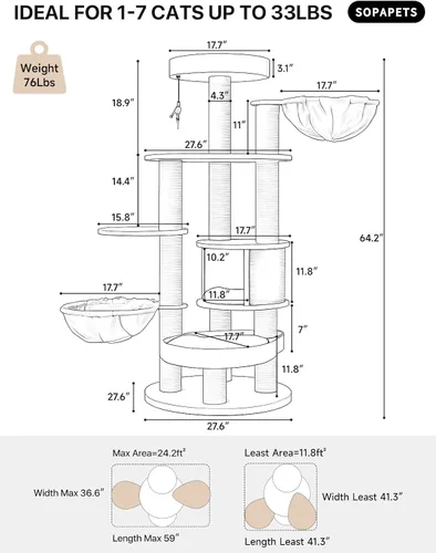 Miniatura 9 de Árbol para gatos extra grande para Maine Coon, torre de árbol para gatos de interior de 65 pulgadas de altura para gatos adultos grandes de 20